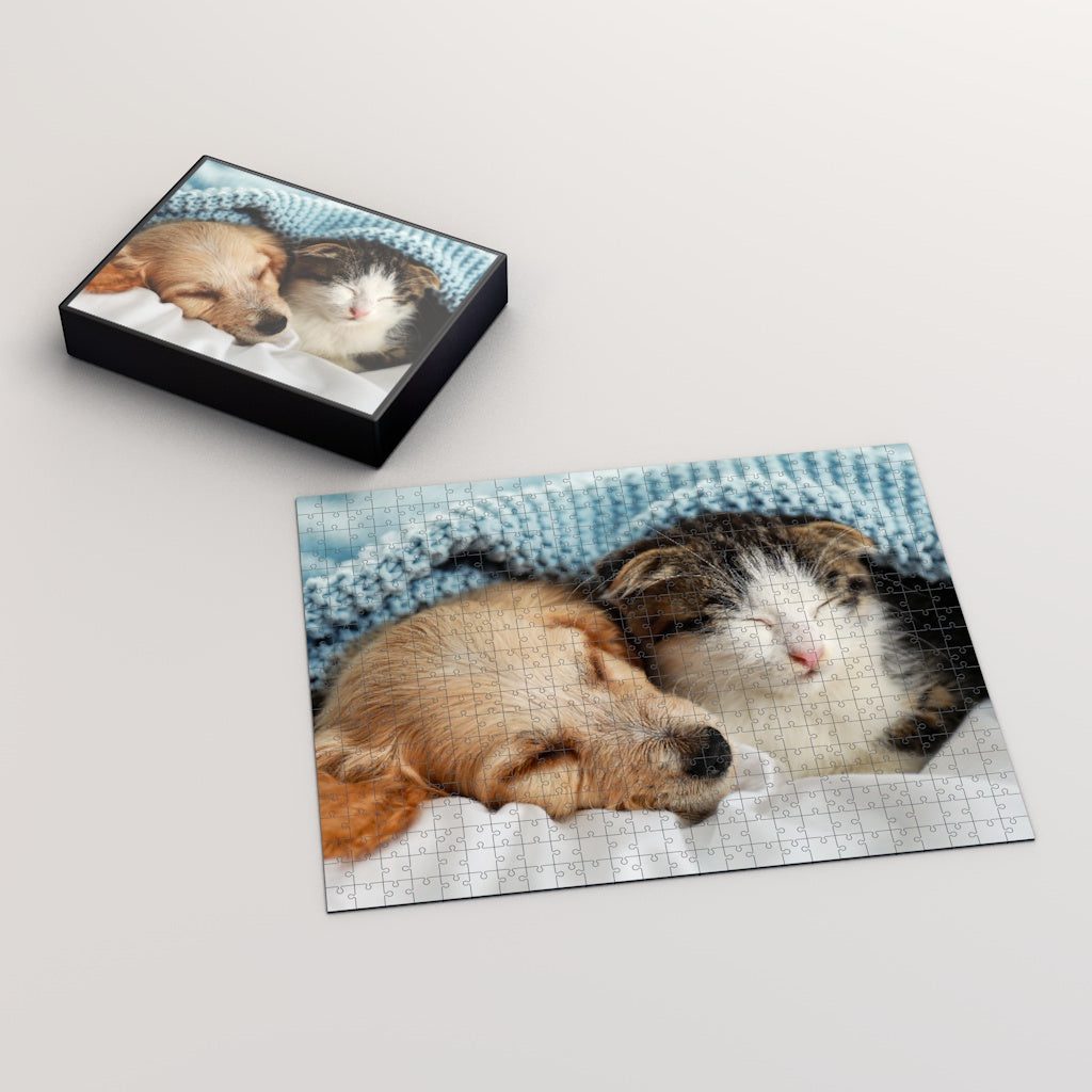Puppy and Kitten in Bed Premium Jigsaw Puzzle (96, 252, 500, 1000-Piece)